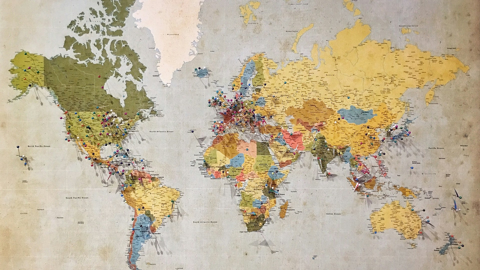 World map with global destination pins — Canada PR and Australia PR consultants in Kerala